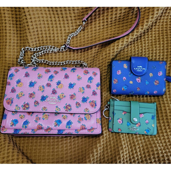 RARE Coach Mini Vintage Rose Print Klare Crossbody Wallet Cardholder SET GUC - Picture 1 of 10